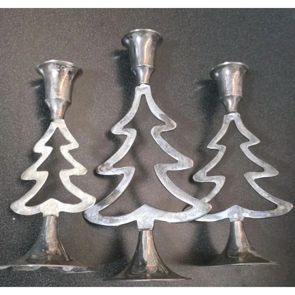 International Silver Co Silverplate Christmas Tree Candlestick Holders 3pc‎ EUC